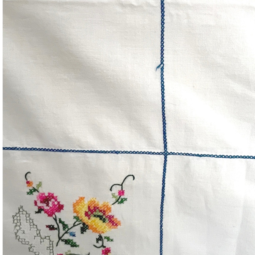 Vintage Hand Embroidered Cross Stitch Floral Tablecloth White Square 48x50 - Picture 5 of 10